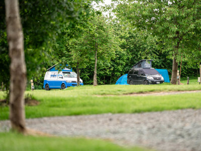 An image of two VW campervans parked up on luscious, green pitches at Cantref Holidays.